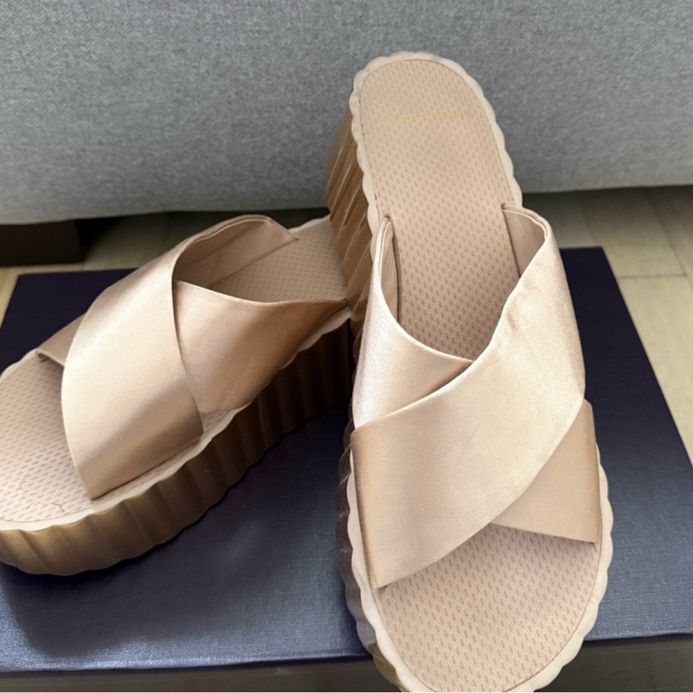 Tory Burch Satin Sandals in light tan/cream/light rose gold colorway